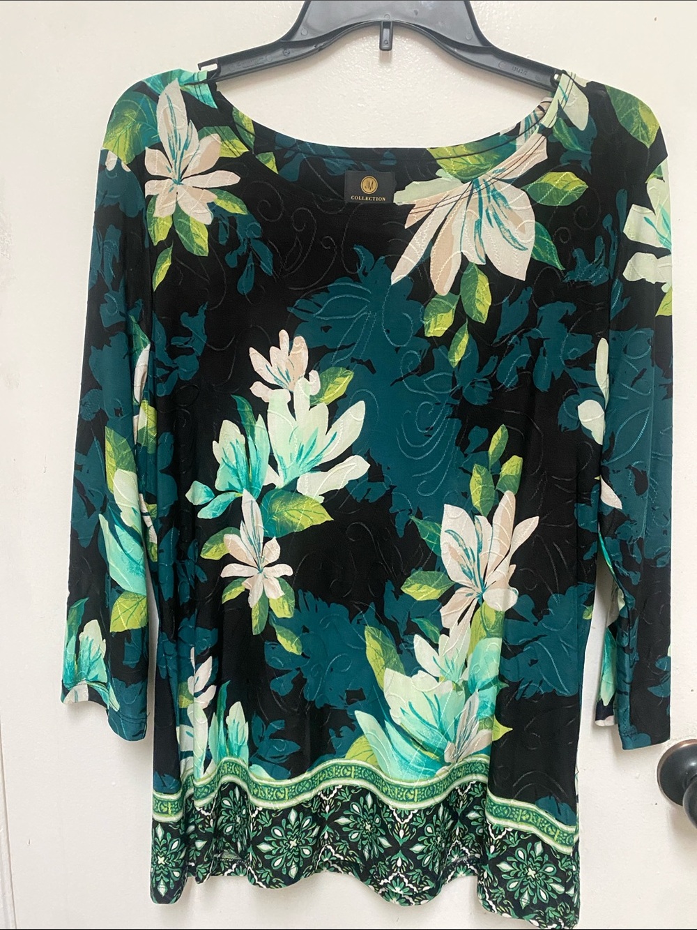 JM Collection Black & Teal Floral Scoop Neck Long Sleeve Top